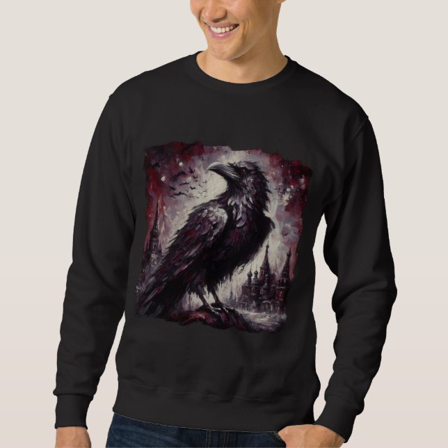 Gothic Raven Crow Bird Painting Black Red Art Sweatshirt (Front)