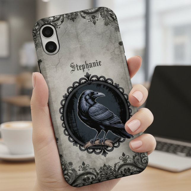 Gothic Raven Crow Dark Academia Style iPhone Case (Gothic raven phone accessory for the dark academia book lover — unique holiday gift idea.)