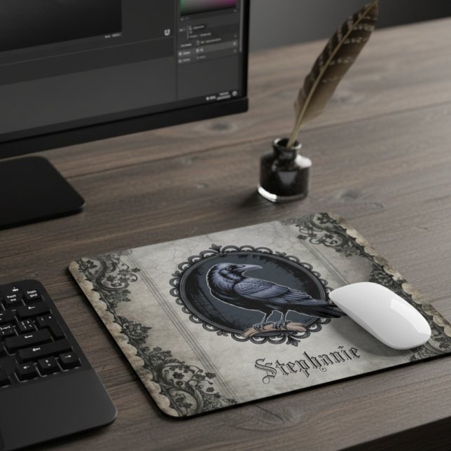 Gothic Raven Dark Academia Desk Mouse Pad (Gothic raven personalized mouse pad)