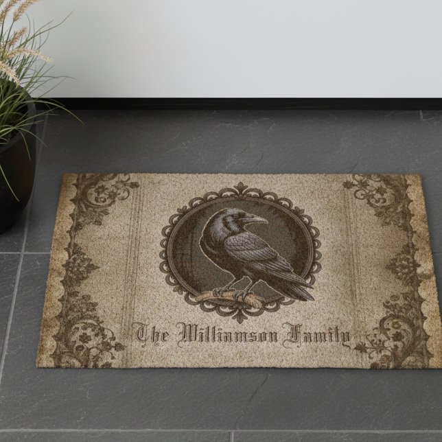 Gothic Raven Dark Academia Entryway Fiber Doormat (Personalized dark academia black raven door mat)