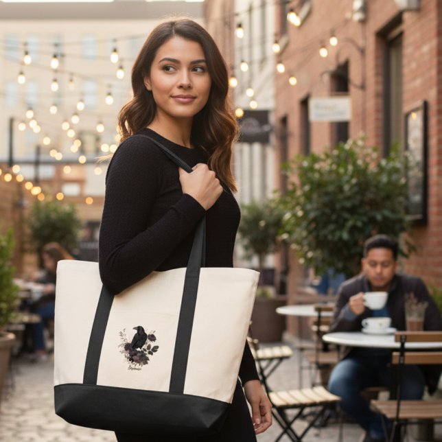 Gothic Raven Dark Academia Everyday Market Tote Bag (Personalized black raven floral tote bag)