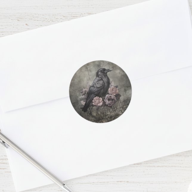 Gothic Raven Dark Academia Floral Classic Round Sticker (Black raven with roses round sticker)