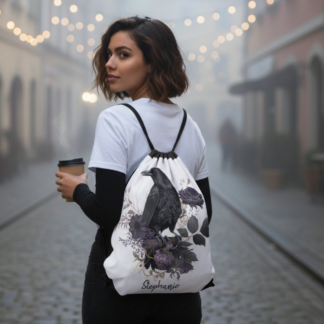 Gothic Raven Dark Academia Floral Drawstring Bag (Floral black raven drawstring bag)