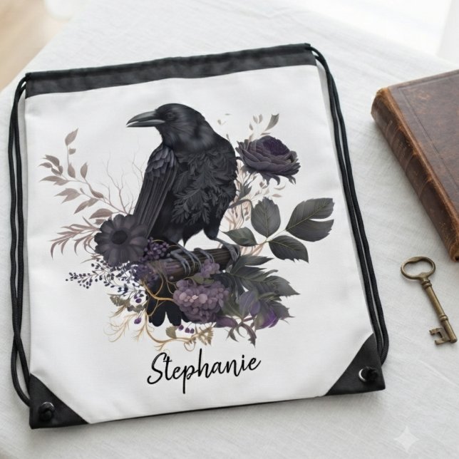 Gothic Raven Dark Academia Floral Drawstring Bag (Moody gothic raven and dark floral bouquet personalized drawstring bag for Stephanie's collection.)