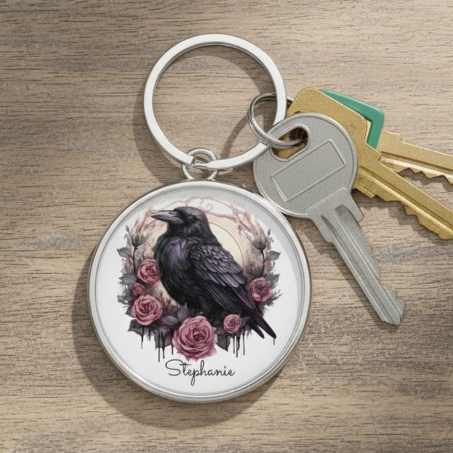 Gothic Raven Dark Academia Floral Keychain (Black raven with roses keychain)
