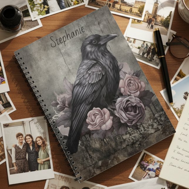 Gothic Raven Dark Academia Floral Notebook (Personalized black raven with roses photo notebook)
