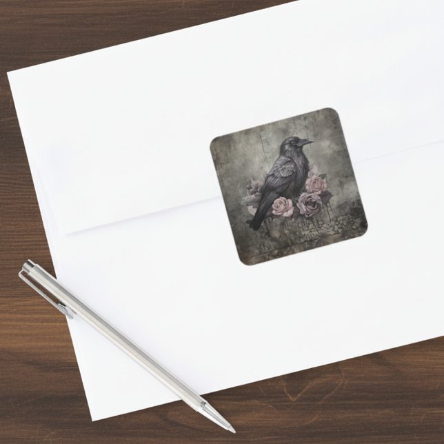 Gothic Raven Dark Academia Floral Square Sticker (Black raven with roses sticker)