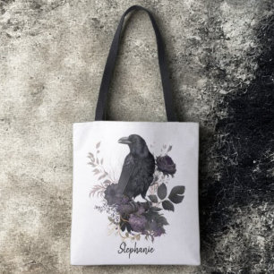 Gothic Raven Dark Academia Floral Tote Bag