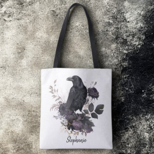 Gothic Raven Dark Academia Floral Tote Bag (Floral black raven personalized tote bag)