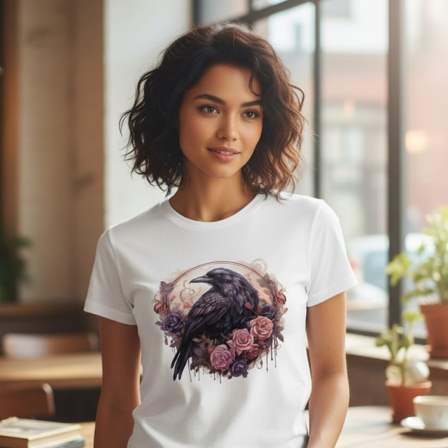 Gothic Raven Dark Academia Graphic T-Shirt (Black raven with roses tshirt
)