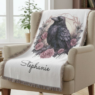 Gothic Raven Dark Academia Pink Floral Throw Blanket