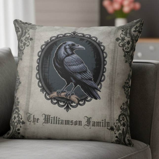 Gothic Raven Dark Academia Throw Pillow (Personalized vintage black raven pillow)