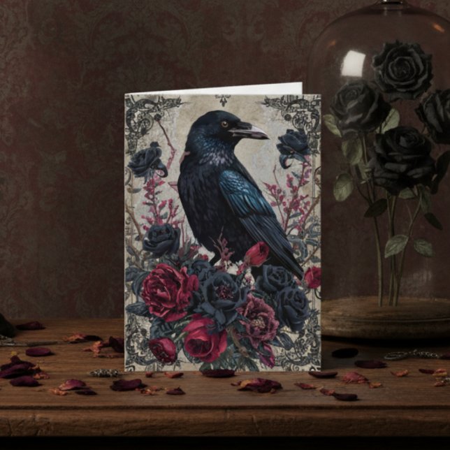 Gothic Raven Dark Academia Victorian Card (Black gothic raven with roses blank note card)