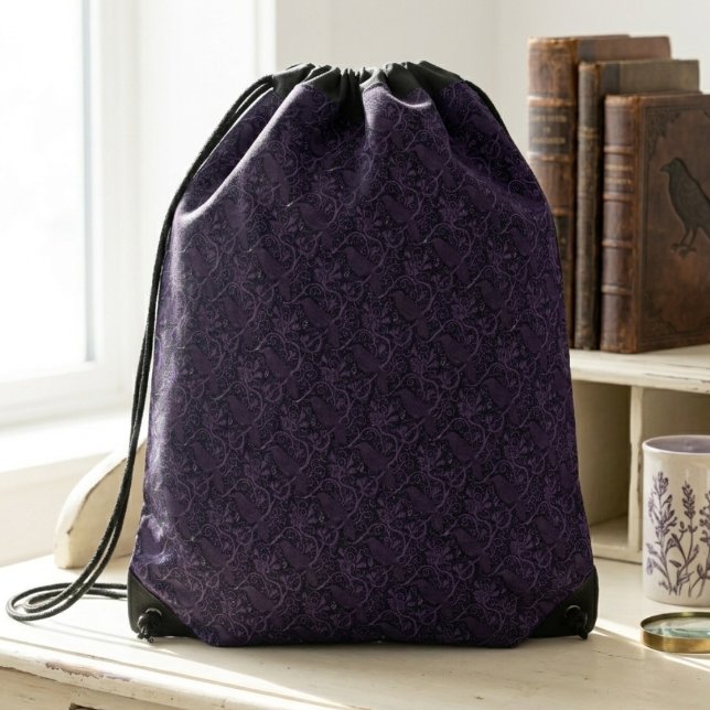 Gothic Raven Dark Botanical Victorian Aesthetic Drawstring Bag (Gothic raven drawstring bag)