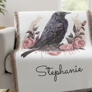 Gothic Raven Floral Dark Academia Throw Blanket