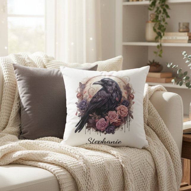 Gothic Raven Floral Dark Academia Throw Pillow (Raven with roses personalized pillow)