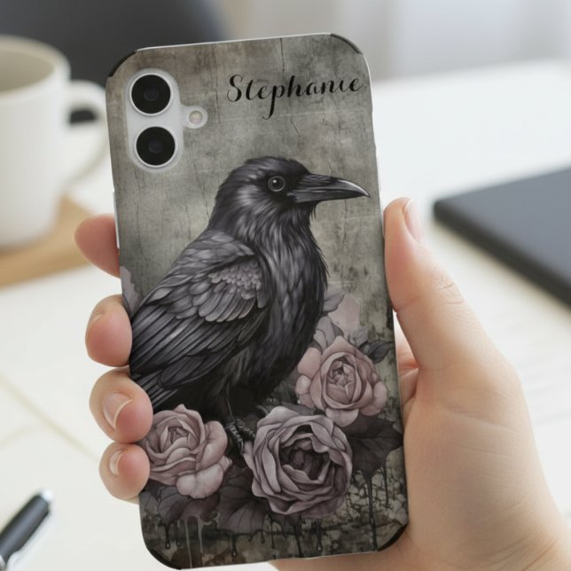 Gothic Raven Floral Iphone Case (Gothic raven phone case with roses for alternative style fans for daily phone protection)