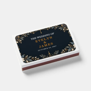 Gothic Raven Floral Navy Gold Wedding Matchboxes