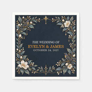 Gothic Raven Floral Navy Gold Wedding Paper Napkins