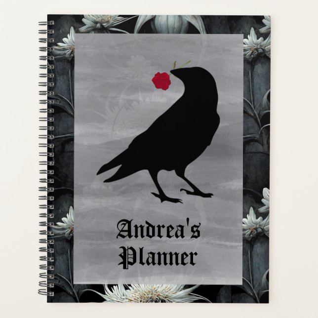 Gothic raven holding red rose planner customizable (Front)