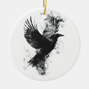 Gothic Raven Illustration: Smoke and Feathers Ceramic Ornament