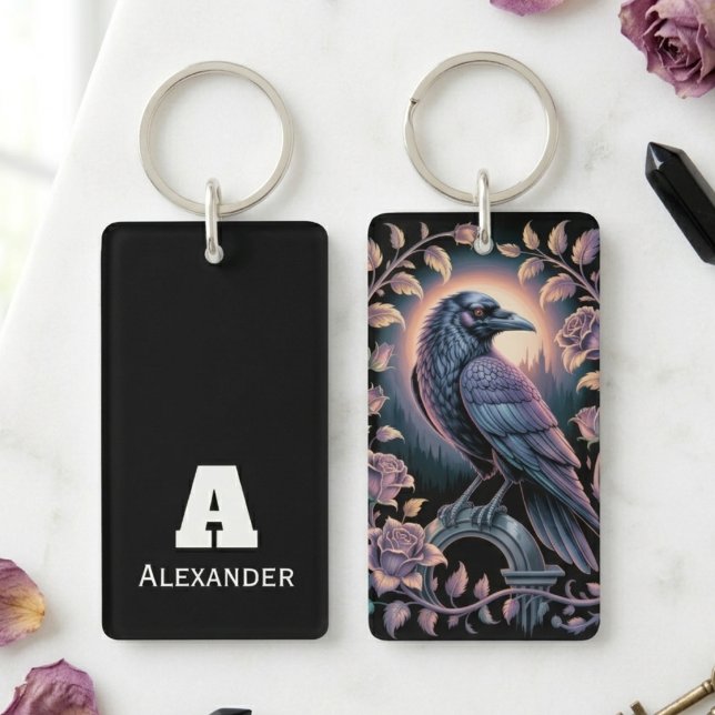 Gothic Raven Lover Dark Academia Floral Keychain (Moody gothic raven and roses design for the dark academia fan — great birthday gift idea for her.)