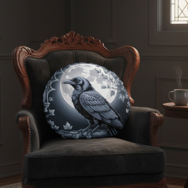 Gothic Raven Moon Dark Academia Home Decor Round Pillow (Black raven throw pillow)