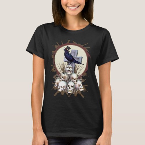 Gothic Raven on Pile of Skulls T_Shirt