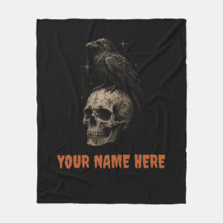 Gothic Raven on Skull Vintage Mystery . Fleece Blanket