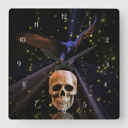 Gothic Raven or Crow and Skull  Square Wall Clock