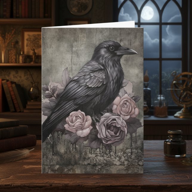 Gothic Raven Pink Floral Dark Academia Card (Black raven with roses note card)