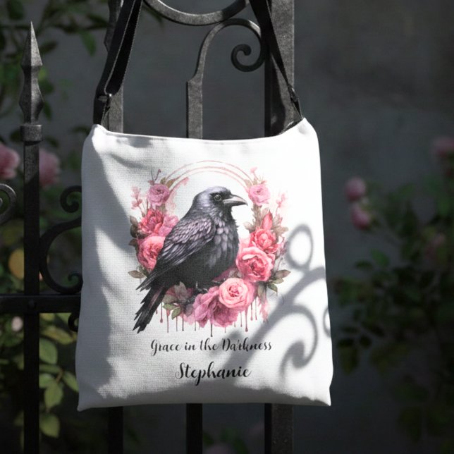 Gothic Raven Pink Floral Dark Academia Crossbody Bag (Pink roses raven cross body bag)