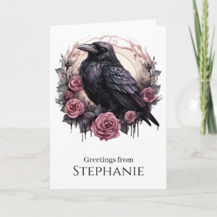 Gothic Raven Pink Rose Dark Academia Card