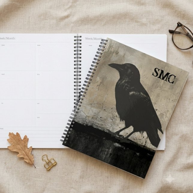 Gothic Raven Planner with Monogram (A moody raven illustration on a spiral planner for a dark academia enthusiast's school year.)