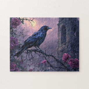 Gothic Raven Purple Roses Jigsaw Puzzle