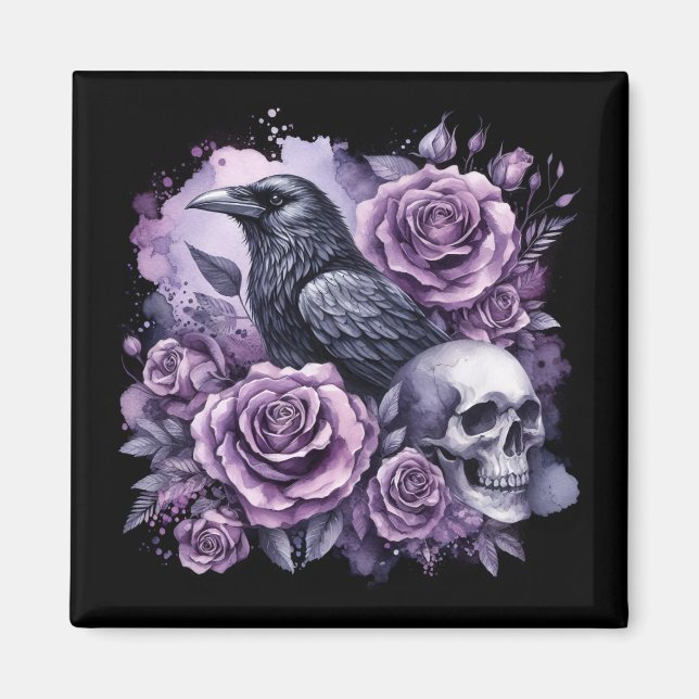 Gothic Raven Purple Roses Skull Magnet (Front)