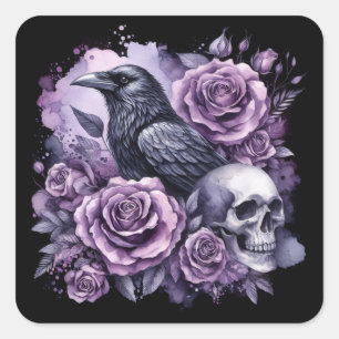 Gothic Raven Purple Roses Skull Square Sticker
