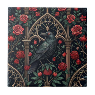 Gothic Raven Roses Ornate Pattern Ceramic Tile
