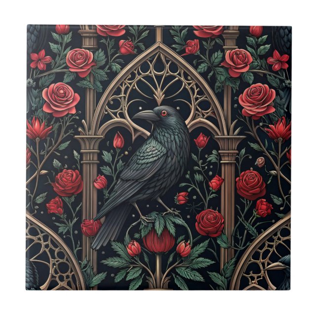 Gothic Raven Roses Ornate Pattern Ceramic Tile (Front)