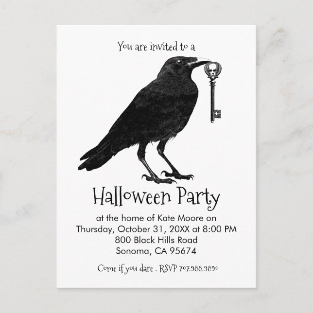 Gothic Raven Skeleton Key Halloween Party Invitation Postcard (Front)