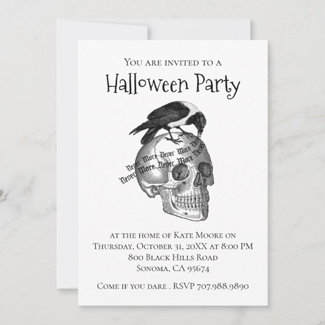Gothic Raven Skull Halloween Invitation (Front)