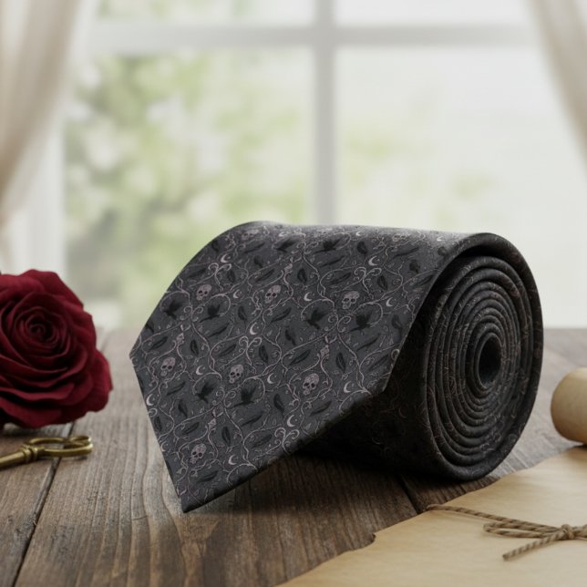 Gothic Raven Skull Pattern Neck Tie (This dark raven skull necktie is perfect for the groom at a gothic wedding.)