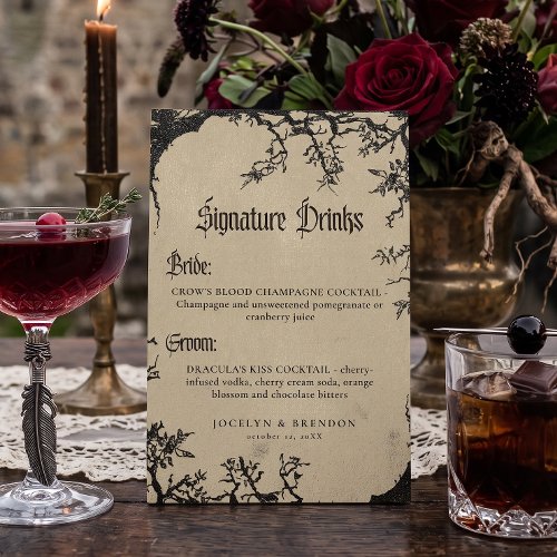 Gothic Raven Tree Black Tan Wedding Drinks Paper Table Tent