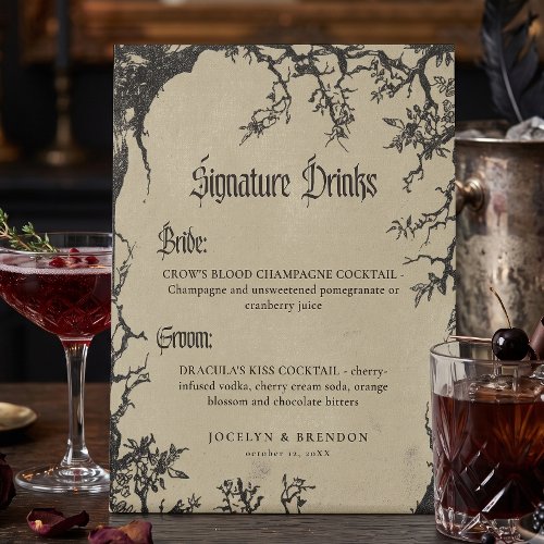 Gothic Raven Tree Black Tan Wedding Drinks Pedestal Sign