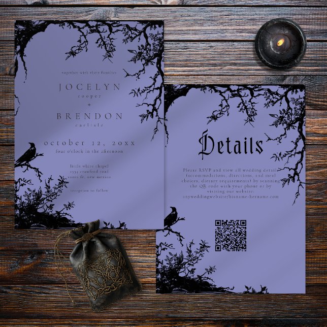 Gothic Raven Tree Engraving Black Blue Wedding Invitation (Creator Uploaded)