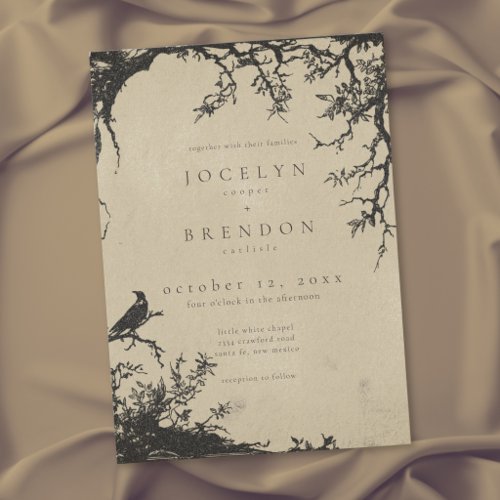 Gothic Raven Tree Engraving Black Tan Wedding Invitation