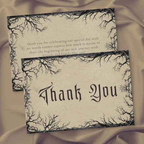 Gothic Raven Tree Engraving Black Tan Wedding Thank You Card