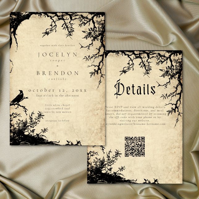 Gothic Raven Tree Engraving Parchment Tan Wedding Invitation (Gothic Raven Tree Engraving Parchment Tan Wedding Invitation)