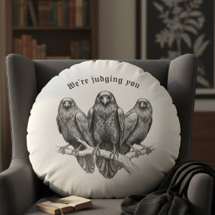 Gothic Raven Trio Judgemental Dark Academia Round Pillow