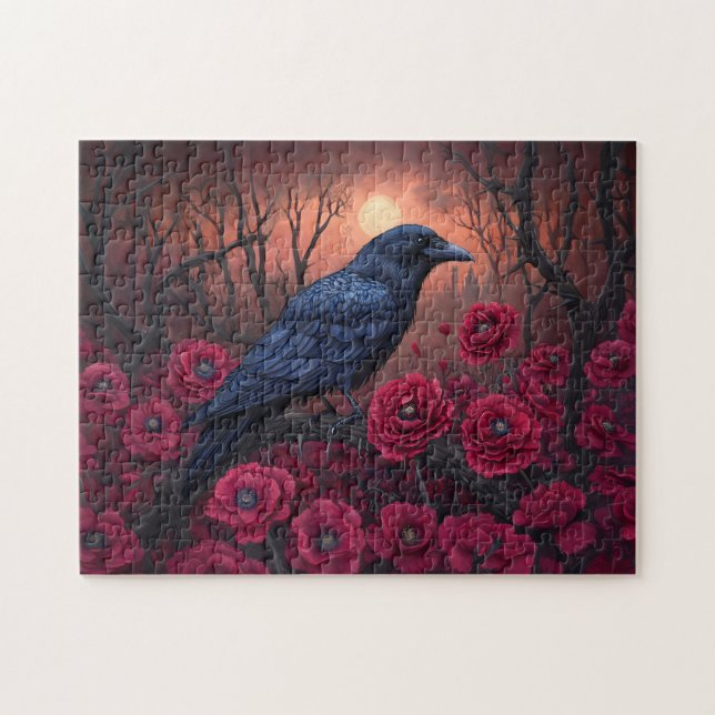 Gothic Raven with Dark Red Poppies Jigsaw Puzzle (Horizontal)